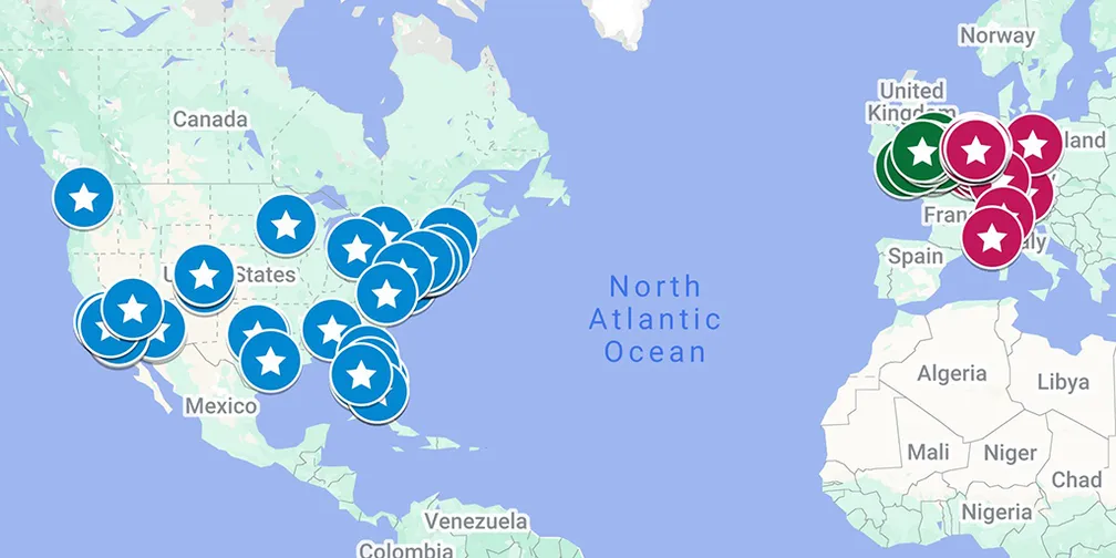 Map of all listed car storage facilties.